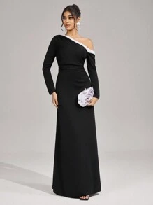 SHEIN Belle Formal Evening Gown Dress, Women's Fashion Autumn And Winter Banquet Party Socialite Elegant Daily Wear Super High Elastic Knitted Fabric Tight Waist And Hip Slimming Super Large Dress, Neckline Contrast Stitching Design Fashionable Slimming, Black Dress Formal Dinner Dress, New Year Women's Dress, Wedding Guest Dress - Black - View 3