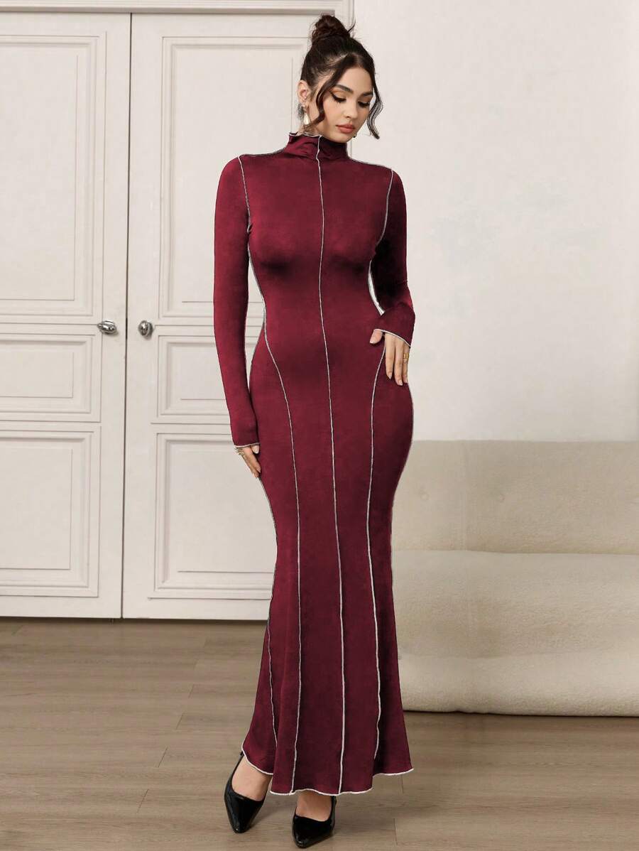 Modelyn Đầm dạ hội dài xẻ tà đuôi cá thanh lịch cho nữ dự tiệc tương phản - Màu Đỏ Sâu - Xem 1