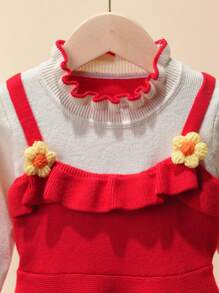 Young Girl Elegant Ruffle Collar Long Sleeve 2 In 1 Waist Cinched A-Line Sweater Dress, Casual & Minimalist - Red - View 8