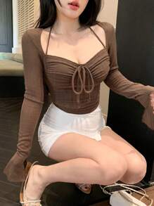 DAZY Drawstring Tie Waist Fitted Long Sleeve Women T-Shirt, 2 In 1 Look,Fall Clothes