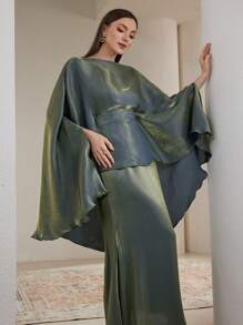 Veilorie Bộ đồ 2 món thanh lịch dành cho nữ, màu trơn ánh kim, cổ tròn, tay cánh dơi, eo thon. - xanh quân đội - Xem 1