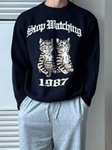 DAZY Men's Cartoon Cat Jacquard Pattern Sweater,Fall Clothes