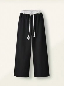 SHEIN Explorewe 1pc Girls' Collegiate Casual & Contrast Waist Band Straight Leg Sweatpants, Spring/Summer New Prep - Black - View 1
