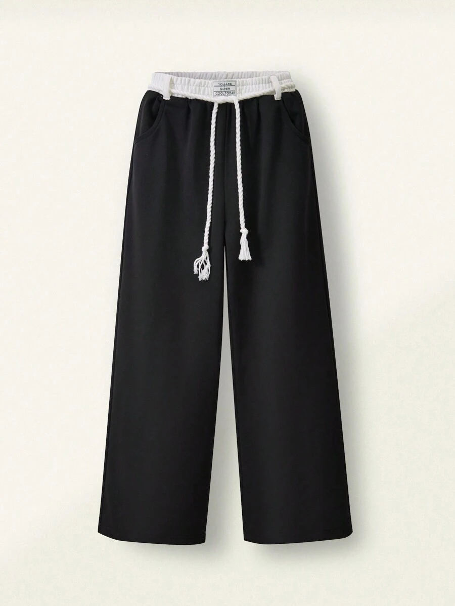 SHEIN Explorewe 1pc Girls' Collegiate Casual & Contrast Waist Band Straight Leg Sweatpants, Spring/Summer New Prep - Black - View 1