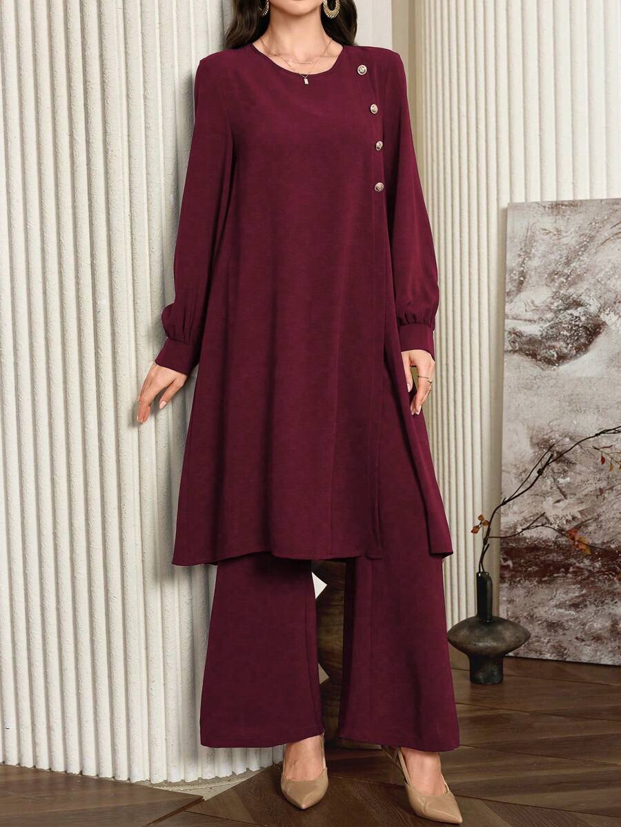 Al Najma 2pcs Women Solid Color Round Neck Long Sleeve Button Design Long Top And Wide Leg Pants Set, Autumn Fall Cloth For Women - Burgundy - View 1