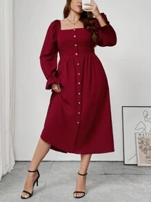 SHEIN Frenchy Robe longue ajustée en coupe simple, romantique et élégante à col carré. Convient pour la Saint-Valentin, le Ramadan et le port quotidien. Tailles grandes - Rouge foncé - Voir 3