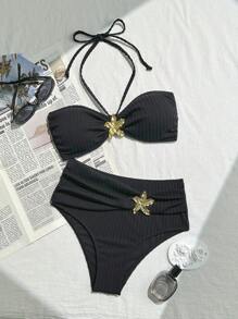 Bộ đồ lót vải Bandeau họa tiết màu trơn và quần lót cạp cao mùa hè - Nhiều màu - Xem 1