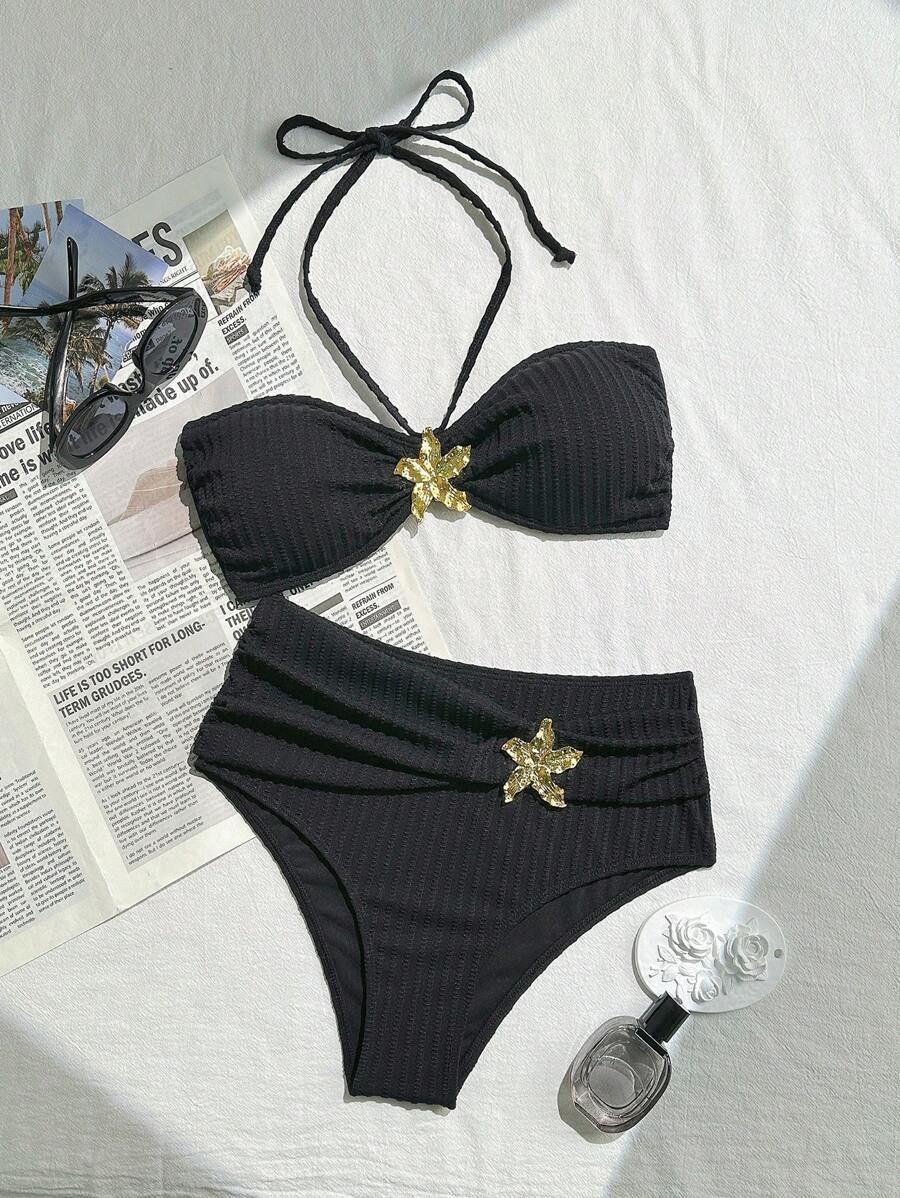 Bộ đồ lót vải Bandeau họa tiết màu trơn và quần lót cạp cao mùa hè - Nhiều màu - Xem 1