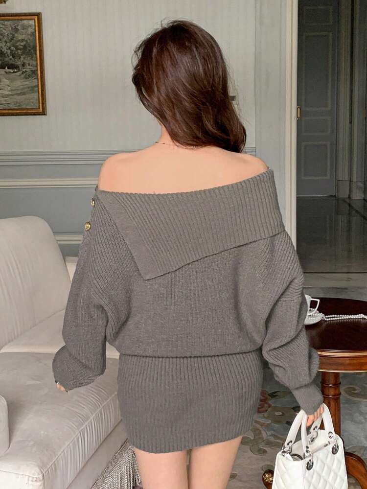 Solid Color Asymmetric Collar Bodycon Sweater Dress For Women,Fall Clothes