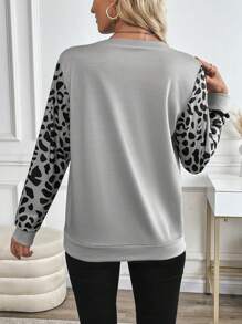 SHEIN LUNE Felpa da donna con stampa leopardata e inserti, felpa sportiva da donna per primavera e autunno, pullover casual per l'autunno - Grigio - Visualizzare 2