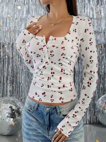 Chiquease 休闲通勤全身樱桃印花长袖方领纽扣T恤女款图案T恤女款春季上衣 - 白色 - 查看 1