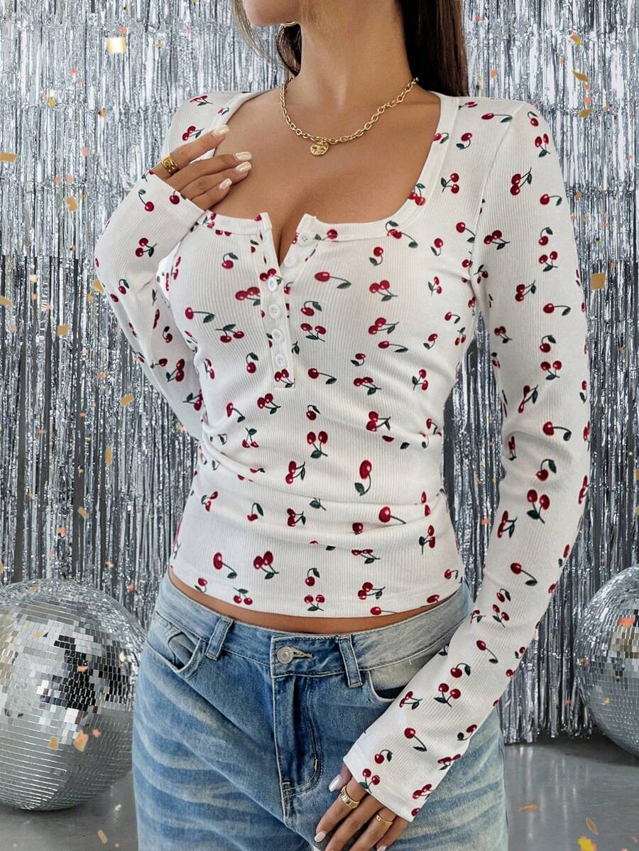 Chiquease 休闲通勤全身樱桃印花长袖方领纽扣T恤女款图案T恤女款春季上衣 - 白色 - 查看 1