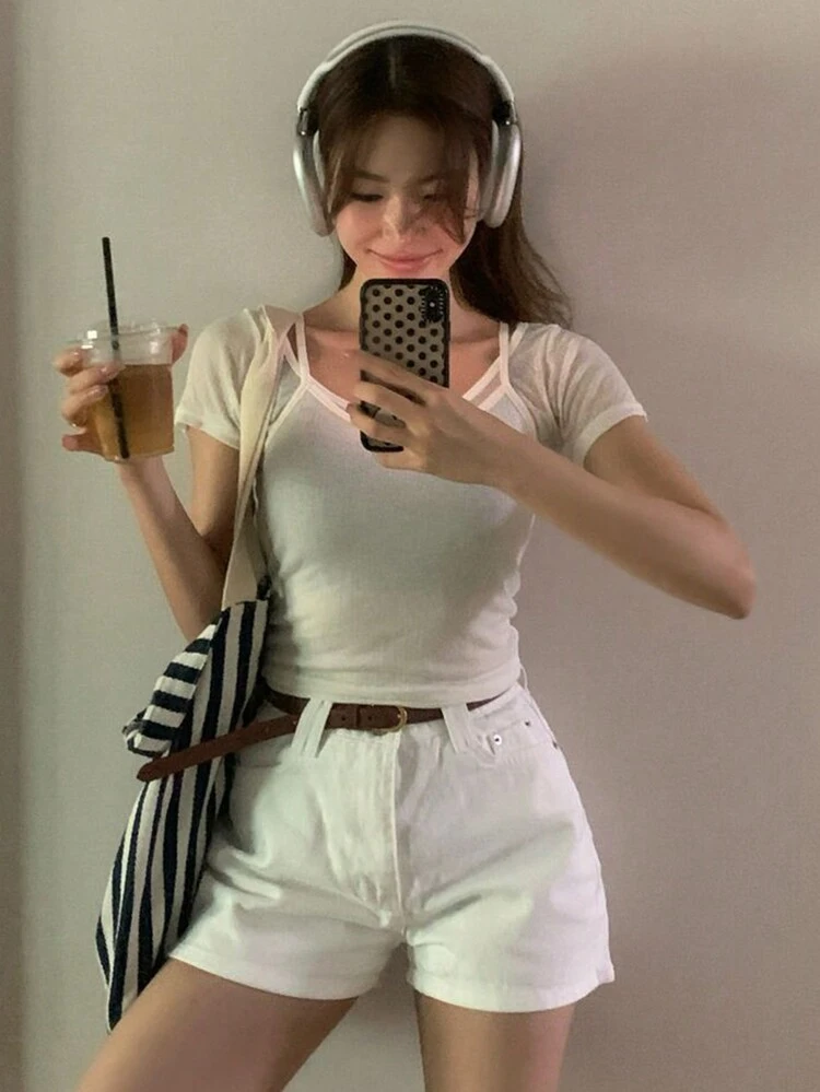Women Crew Neck Fitted Short White T-Shirt, Spring/Summer