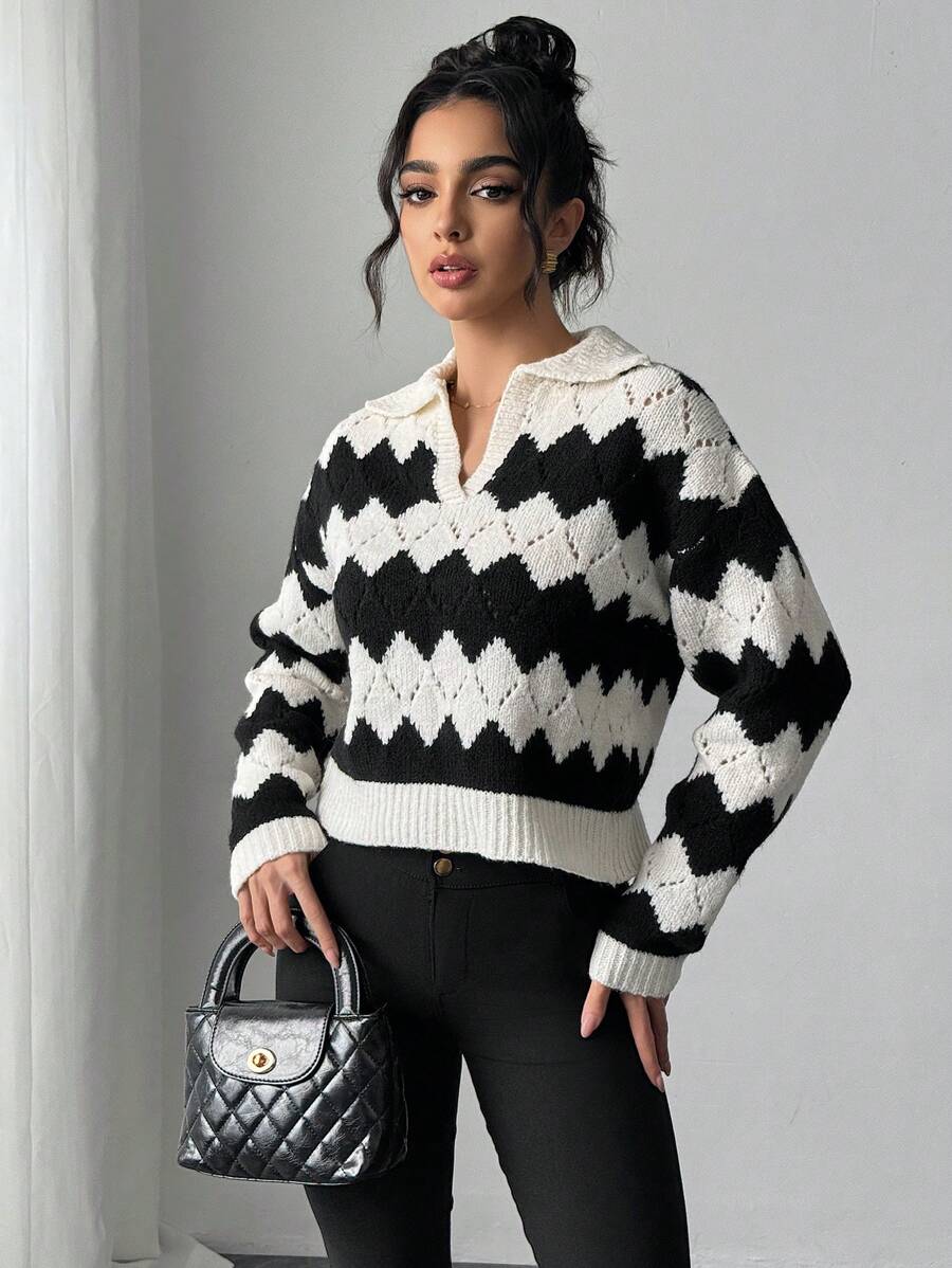 SHEIN Unity Suéter de punto de mujer con cuello calado, bloques de color y rayas - Blanco y Negro - Ver 1
