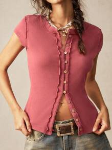 Bohemela Casual Solid Color Knitted Short Sleeve Fitted Ladies Top - Redwood - View 5