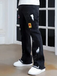 ROMWE MEN Street Life Men's Embroidered Distressed Black Denim Jeans - Medium Wash - View 2