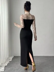 Chiquease Women Elegant Sequin Splice Stand Collar Contrast Color Long Dress - Multicolor - View 2