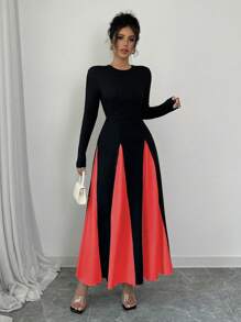 Elenzga Elegant Color-Block Waist Cinching Long Dress, Autumn - Red - View 3