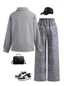 SHEIN Set de 2 piezas de estilo informal para niñas adolescentes: Camisa a rayas y pantalones estampados, para uso diario