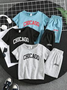 Conjunto de 6 piezas de ropa informal para niños pequeños con camiseta de cuello redondo con letras en inglés y pantalones cortos, apto para fiestas callejeras y en casa. Incluye chaqueta. Adecuado para niños en edad escolar, para usar a diario, para viajar, hacer deporte y en primavera, verano e invierno. Diseño de alto rendimiento.
