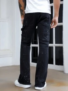 ROMWE MEN Street Life Men's Embroidered Distressed Black Denim Jeans - Medium Wash - View 5