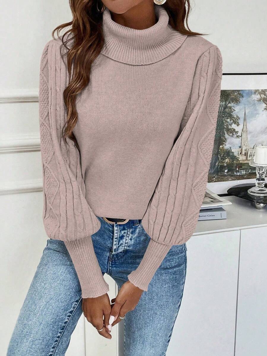 EMERY ROSE Solid Color Turtleneck Lantern Sleeve Sweater,Long Sleeve Tops Knit Pullover Fall Winter Outfit