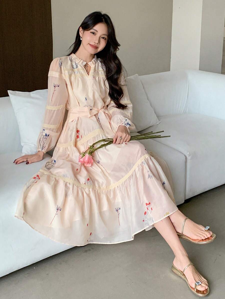 DAZY Lace Patchwork Floral Mid-Length Dress For Women,Fall Clothes Long Sleeve Dress - Apricot - View 1