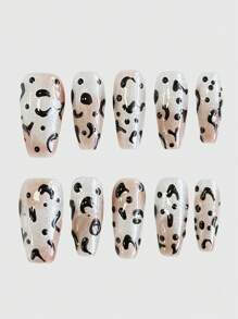 ROMWE 10pcs Punk Rhinestone Leopard Print Handmade False Nails + 3pcs Double-Sided Adhesive, Y2K Gothic Brown Leopard Nail Stickers, Reusable Hand-Painted Nail Decals, Suitable For Festivals, Parties, Dancing And Daily Wear - Multicolor - View 1