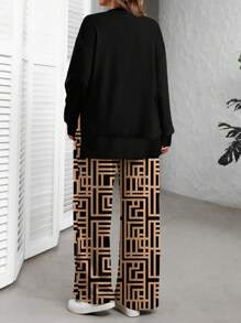 EMERY ROSE Plaid Print Casual Minimalist Plus Size Sweatshirt Set, Spring/Autumn - White - View 2