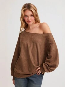 Flirla 1pc Women's Casual Versatile Classic Simple Comfortable Strapless Loose Suede-Like Long Sleeve Sweatshirt, Brown, Autumn/Winter