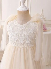 Glamorique Kids Young Girls Dress, V-Neck Lace Floral, Sleeveless Tulle Bow Decor, Elegant Performance Ruffled Dress, Suitable For Flower Girl, Presenter - Champagne - View 5