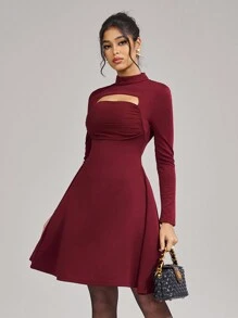 SHEIN Belle 女士纯色长袖镂空优雅舞会礼服连衣裙时尚秋冬宴会聚会公主名媛优雅网红人气公主优雅日常装连衣裙女士晚宴舞会连衣裙圣诞新年情人节可穿冬春装婚礼宾客礼服 - 酒紅色 - 查看 4
