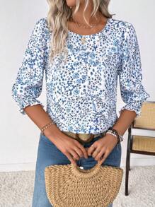 EMERY ROSE Women's Ditsy Floral Loose Fit Round Neck Ruffle Sleeve Vacation Shirt (Asymmetric Floral Pattern) - White - View 5