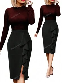 CAPRI CHIC Spring/Fall/Party/Holiday Skirt Stretch Flanged Slit Mid-Length And Wide Skirt