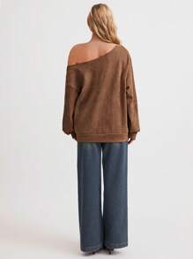 Flirla 1pc Women's Casual Versatile Classic Simple Comfortable Strapless Loose Suede-Like Long Sleeve Sweatshirt, Brown, Autumn/Winter