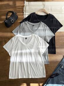 Comfortcana 3pcs Plus Size Casual V-Neck Swing T-Shirt, Spring/Summer