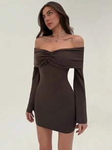 Aloruh Women's Solid Color Off Shoulder Long Sleeve Ruffle Bodycon Mini Dress