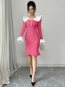 Elenzga Robe pull élégante pour femmes avec col blocs de couleurs, manches évasées et volants à l'ourlet, pour l'automne/hiver