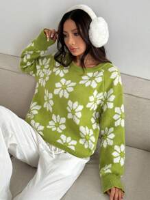 SHEIN Unity Áo len nữ cổ tròn tay raglan họa tiết hoa toàn thân, kiểu dáng thường ngày, thích hợp mặc mùa thu/đông. - màu xanh lá - Xem 4