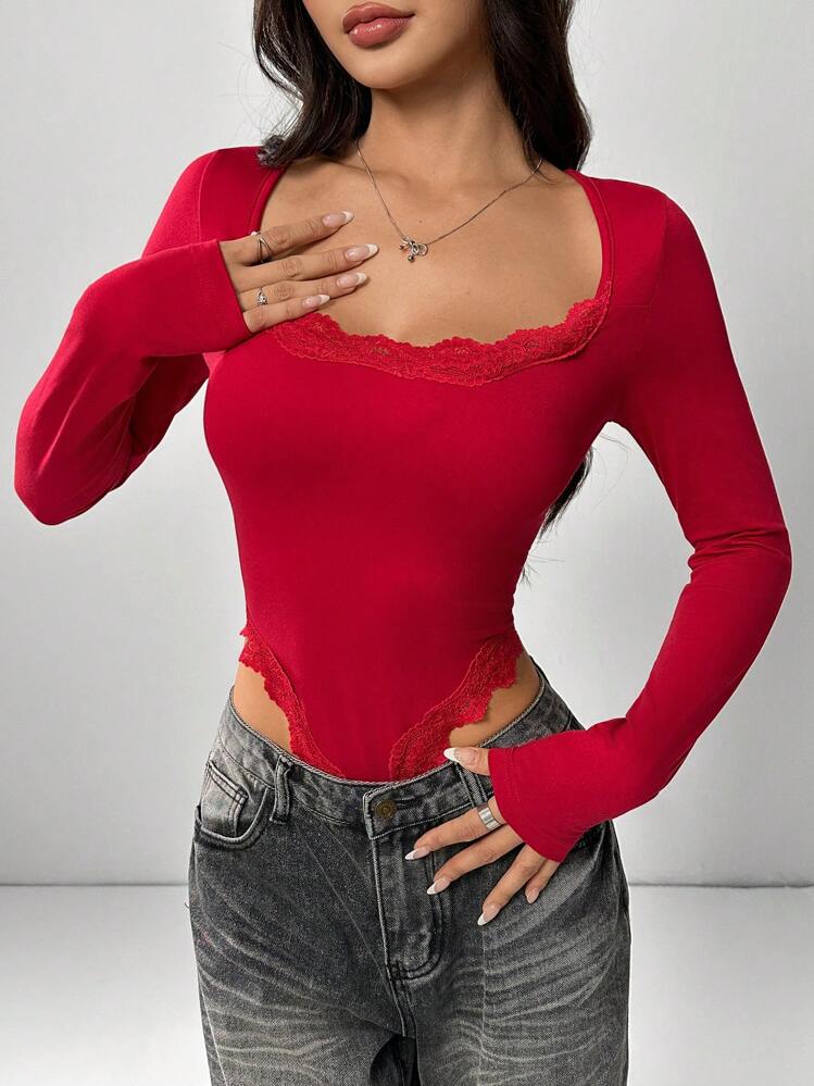 SHEIN EZwear Women's Solid Color Lace Splicing Long Sleeve Simple Bodysuit, Casual Everyday Wear - Red - View 5