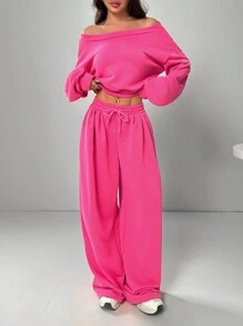 SHEIN EZwear 1pc Set Oblique Shoulder Sweatshirt & Sweatpants