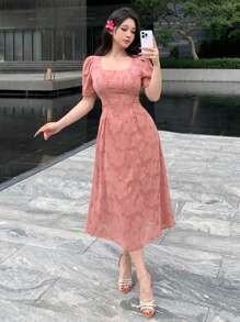 DAZY Lace Allover Floral Pattern Square Neck Mid-Long Dress For Women,Milkmaid Dress