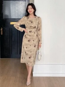 DAZY 复古印花连衣裙，新中式设计连衣裙，秋季连衣裙长袖连衣裙