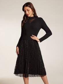 Modelyn Women's Solid Color Collar Long Sleeve Simple Casual Short Knitted Sweater Dress - Black - View 5