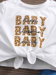 SHEIN 女婴可爱豹纹短袖上衣配松紧腰裤套装，夏季 - 白色 - 查看 3