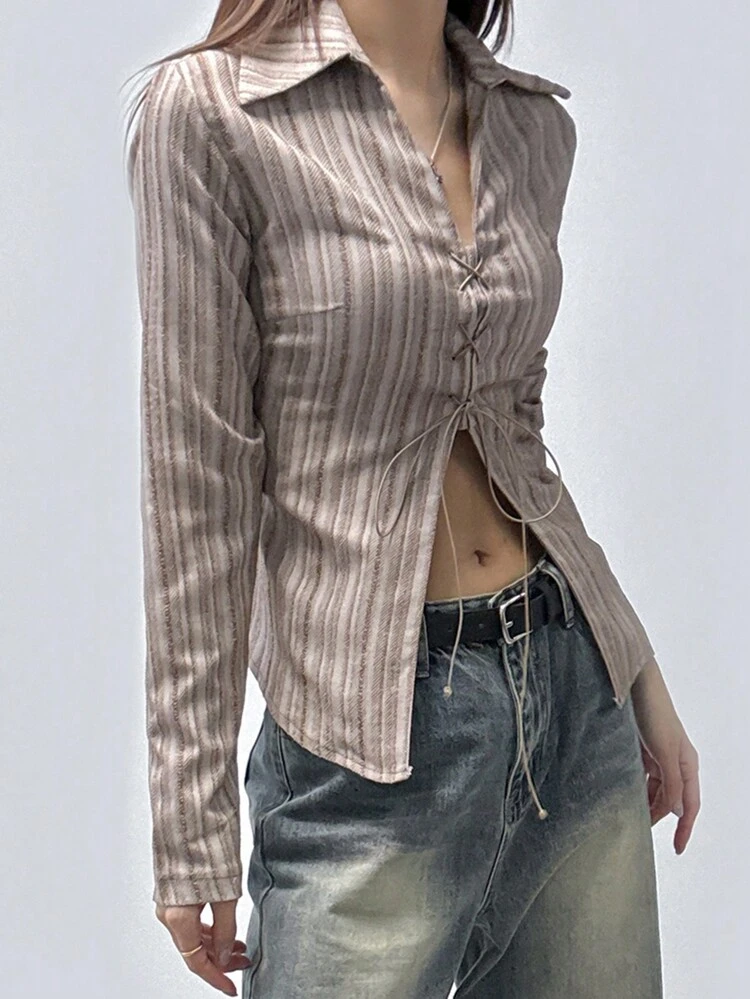 Women's Collared Tie Cuff Regular Texture Striped Long Sleeve Fitted Shirt, Khaki Color, Spring/Autumn,Fall Women Clothes