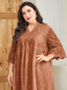 Mulvari 加大缺口领荷叶边下摆罩衫连衣裙长款女装 - 亮橙色 - 查看 5