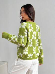 SHEIN Unity Áo len nữ cổ tròn tay raglan họa tiết hoa toàn thân, kiểu dáng thường ngày, thích hợp mặc mùa thu/đông. - màu xanh lá - Xem 2