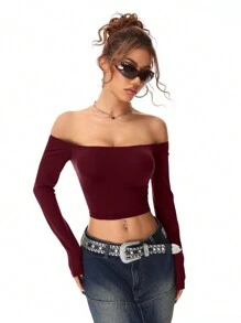SHEIN EZwear Women's Fall/Winter Y2K Knit Lightweight Off Shoulder T Shirt - Burgundy - View 5