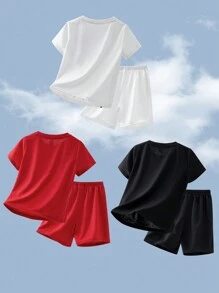 Set de 6 bucăți pentru copii, ocazional, confortabil, la modă, simplu și practic, set de tricou și pantaloni scurți, model moale de inimă și păianjen, potrivit pentru primăvară/vară și sărbători precum Ziua Îndrăgostiților"